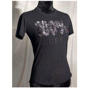 100% Guess T-shirt, Silver Glitter, Black Shirt, Size Small